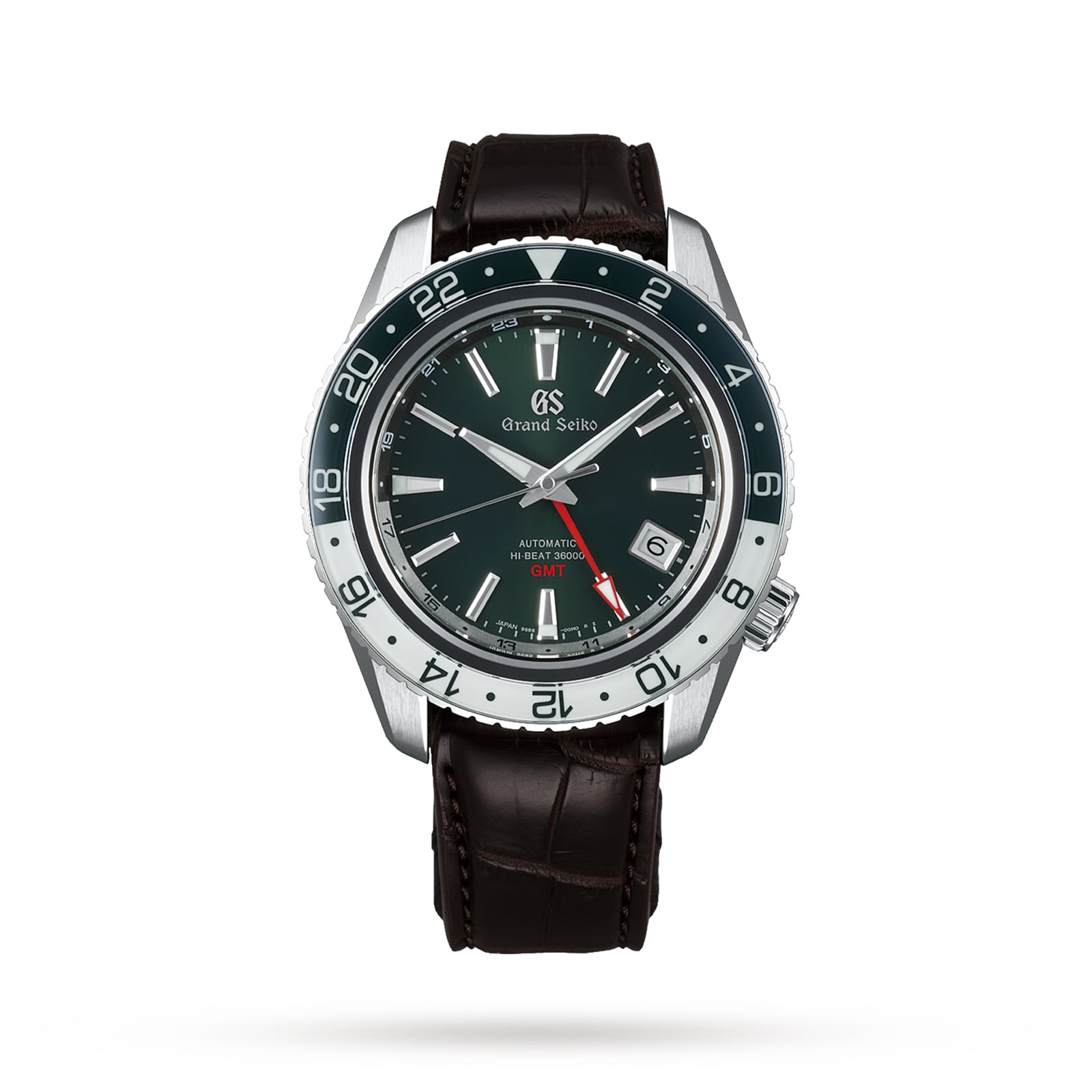 The Grand Seiko Hi-Beat GMT Sport is a luxurious sports watch with a black dial, silver bezel, red GMT hand for triple time zone tracking, and a brown leather strap, shown against a white background.