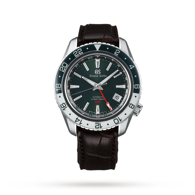 The Grand Seiko Hi-Beat GMT Sport is a luxurious sports watch with a black dial, silver bezel, red GMT hand for triple time zone tracking, and a brown leather strap, shown against a white background.