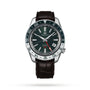 The Grand Seiko Hi-Beat GMT Sport is a luxurious sports watch with a black dial, silver bezel, red GMT hand for triple time zone tracking, and a brown leather strap, shown against a white background.