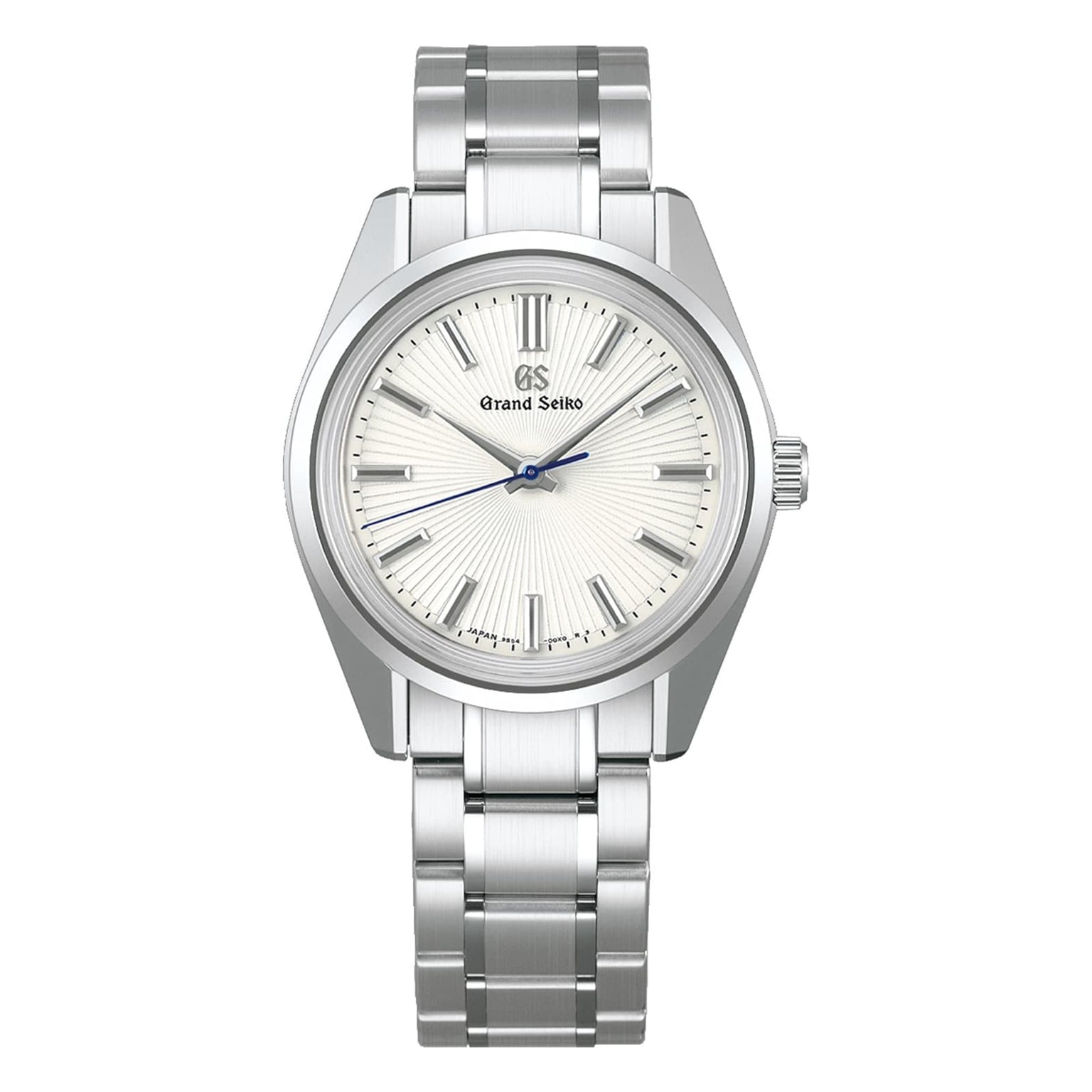 The Grand Seiko Manual Heritage features a stainless steel case, silver textured dial, silver hour markers, blue second hand, and a metal bracelet—showcasing the iconic 44GS Grand Seiko Style.