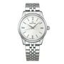 The Grand Seiko Spring Drive Elegance features a silver dial, silver markers and hands, a stainless steel bracelet, and scratch-resistant sapphire glass.