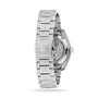 Grand Seikos Hi-Beat Heritage wristwatch, viewed from the back, reveals its stainless steel bracelet, clasp engraved with the Grand Seiko logo, and hi-beat movement visible through a transparent caseback.