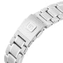 Close-up of a stainless steel Grand Seiko Hi-Beat Heritage watch bracelet and clasp, featuring the GS logo engraved on the clasp.