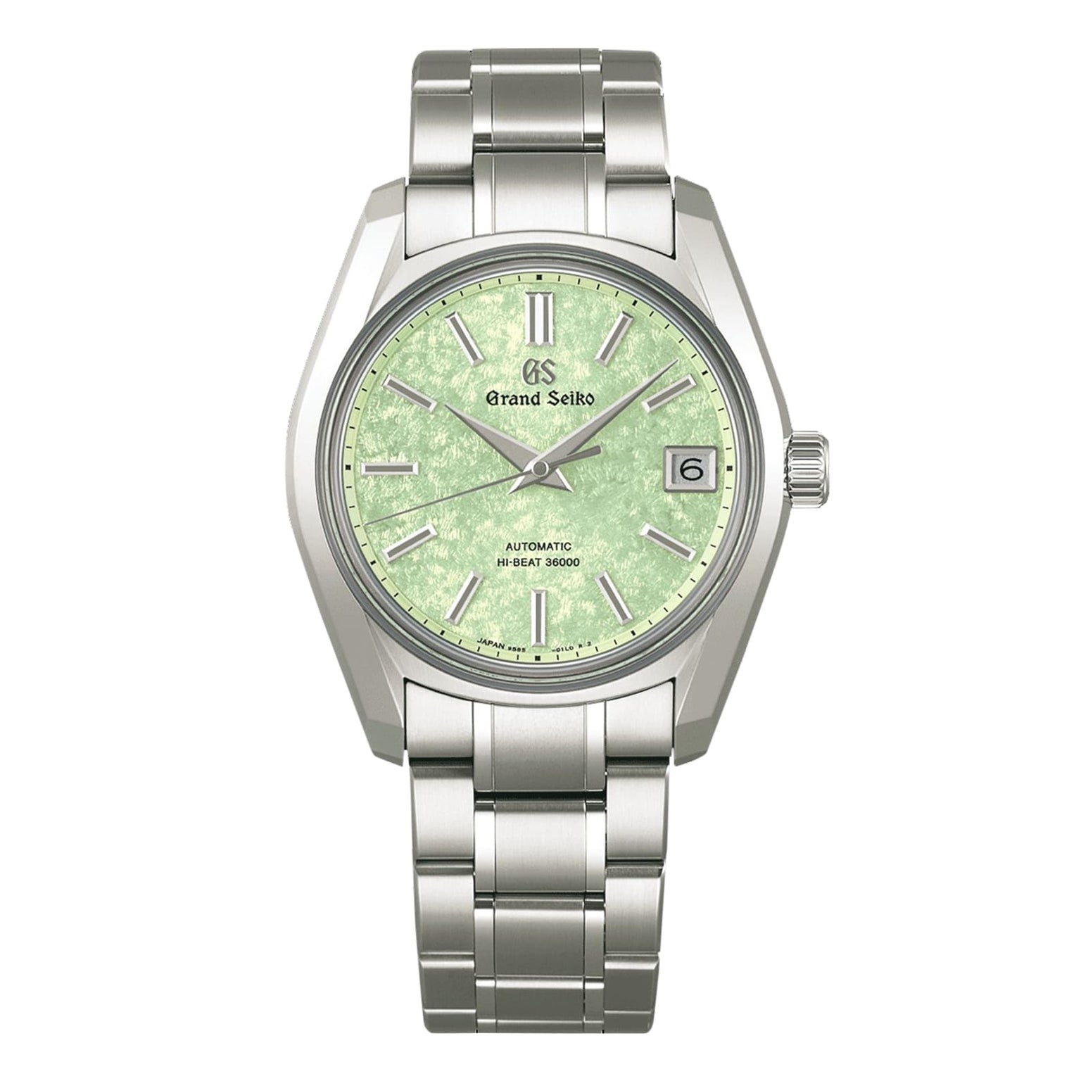 The Grand Seiko Hi-Beat Heritage features a green textured dial, silver hour markers, date window at 3 oclock, automatic movement, and a titanium case on a matching metal bracelet.