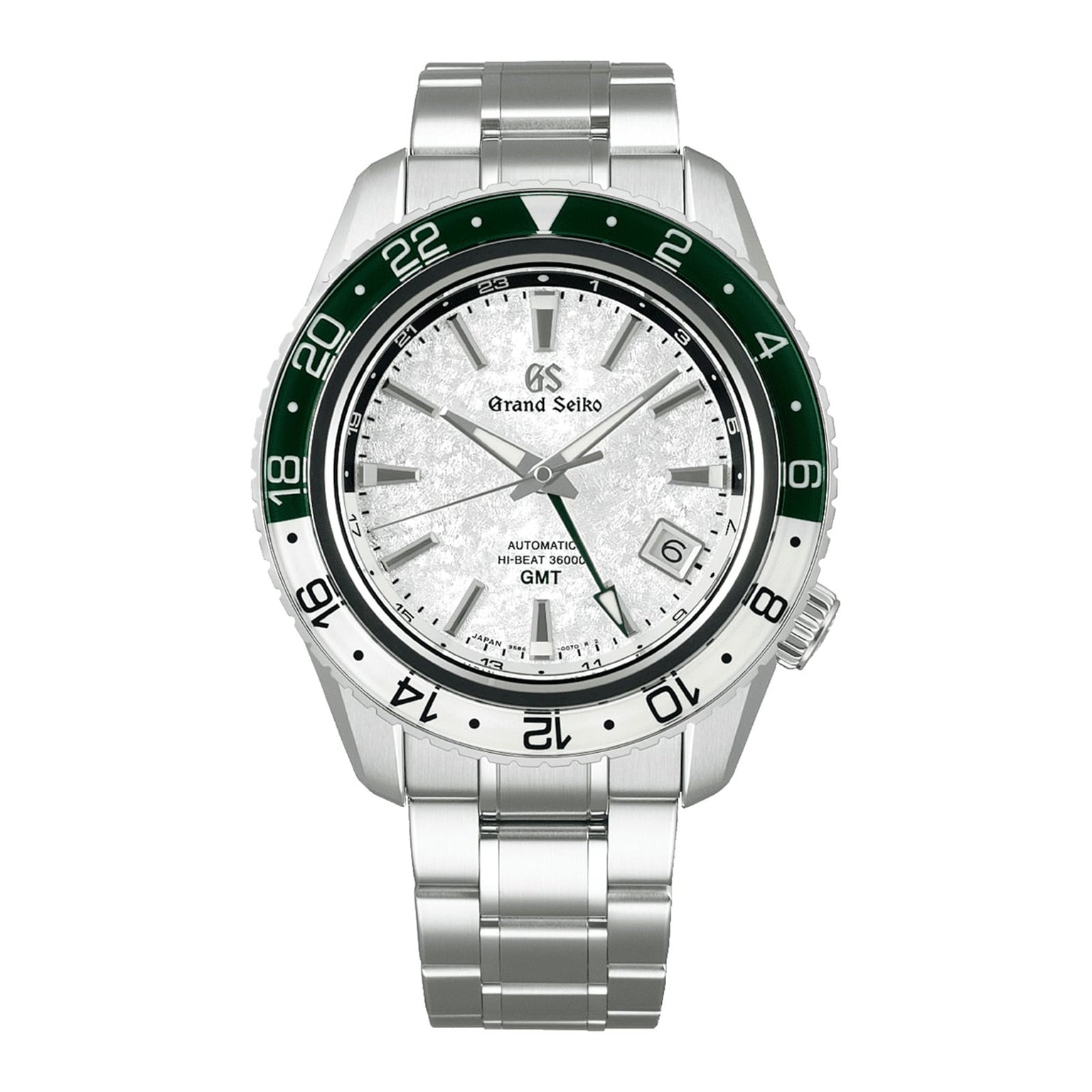 A Grand Seiko Hi-Beat GMT Sport watch in stainless steel with a white textured dial, green and white bezel, date display, and metal bracelet is shown on a white background.