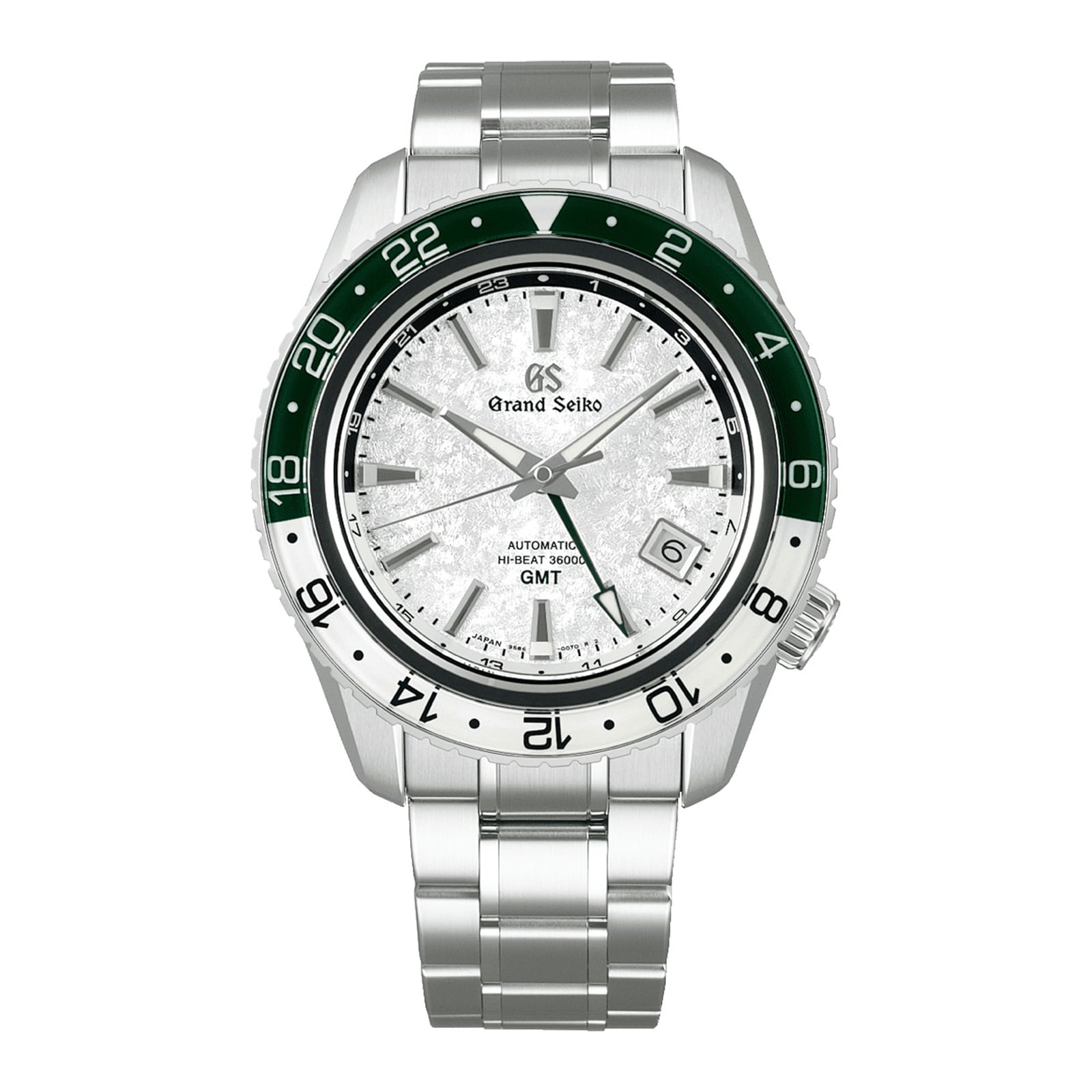 A Grand Seiko Hi-Beat GMT Sport watch in stainless steel with a white textured dial, green and white bezel, date display, and metal bracelet is shown on a white background.