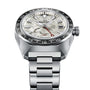 The Grand Seiko Spring Drive GMT Sport features a stainless steel band, textured white dial, black bezel, date window, red GMT hand, and is powered by the precise Spring Drive 9R66 Caliber.