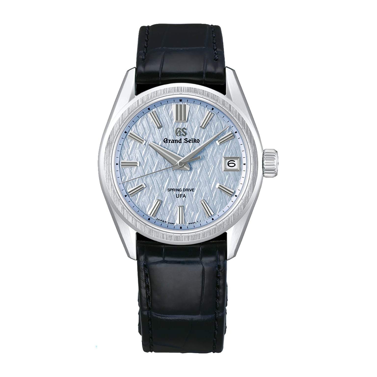 The Grand Seiko Spring Drive U.F.A Evolution 9 features a textured light blue dial, silver markers, and a black leather strap.