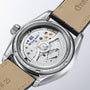 Close-up of the back of a Grand Seiko Spring Drive U.F.A Evolution 9, highlighting its mechanical movement and leather strap.