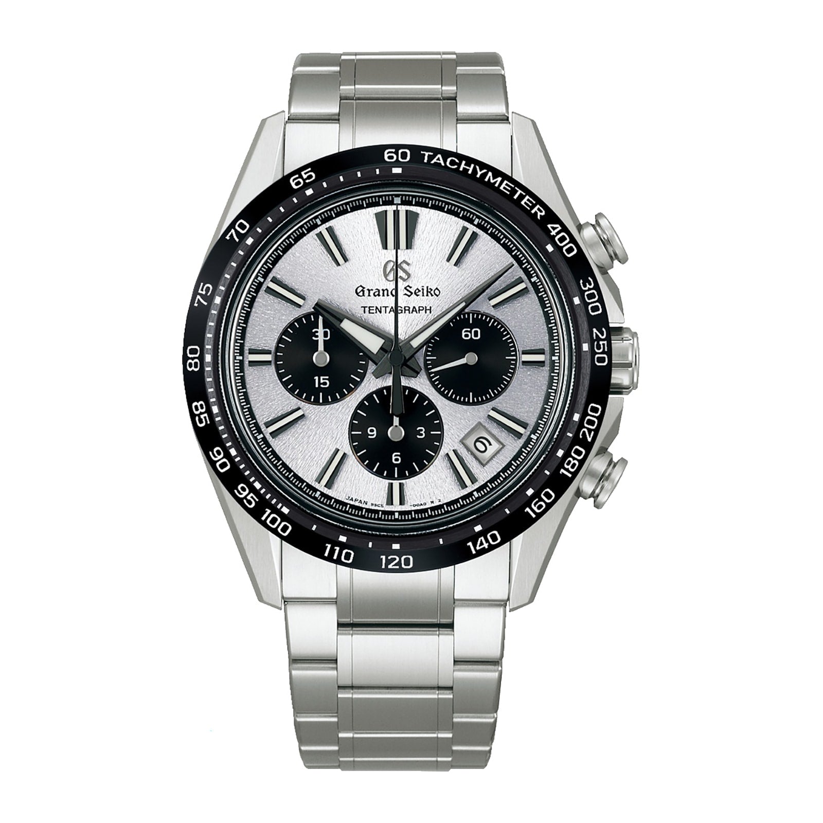 The Grand Seiko Hi-Beat 36000 Automatic Chronograph Evolution 9 SLGC007 features a silver dial, stainless steel bracelet, three subdials, black tachymeter bezel, and is powered by the advanced Caliber 9SC5 movement.