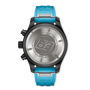 Wristwatch with blue strap and silver case on a white background