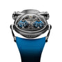 The MB&F Horological Machine N°10 Bulldog is a futuristic wristwatch with a blue strap, exposed gears, and large numbered domes, displayed on a white background.