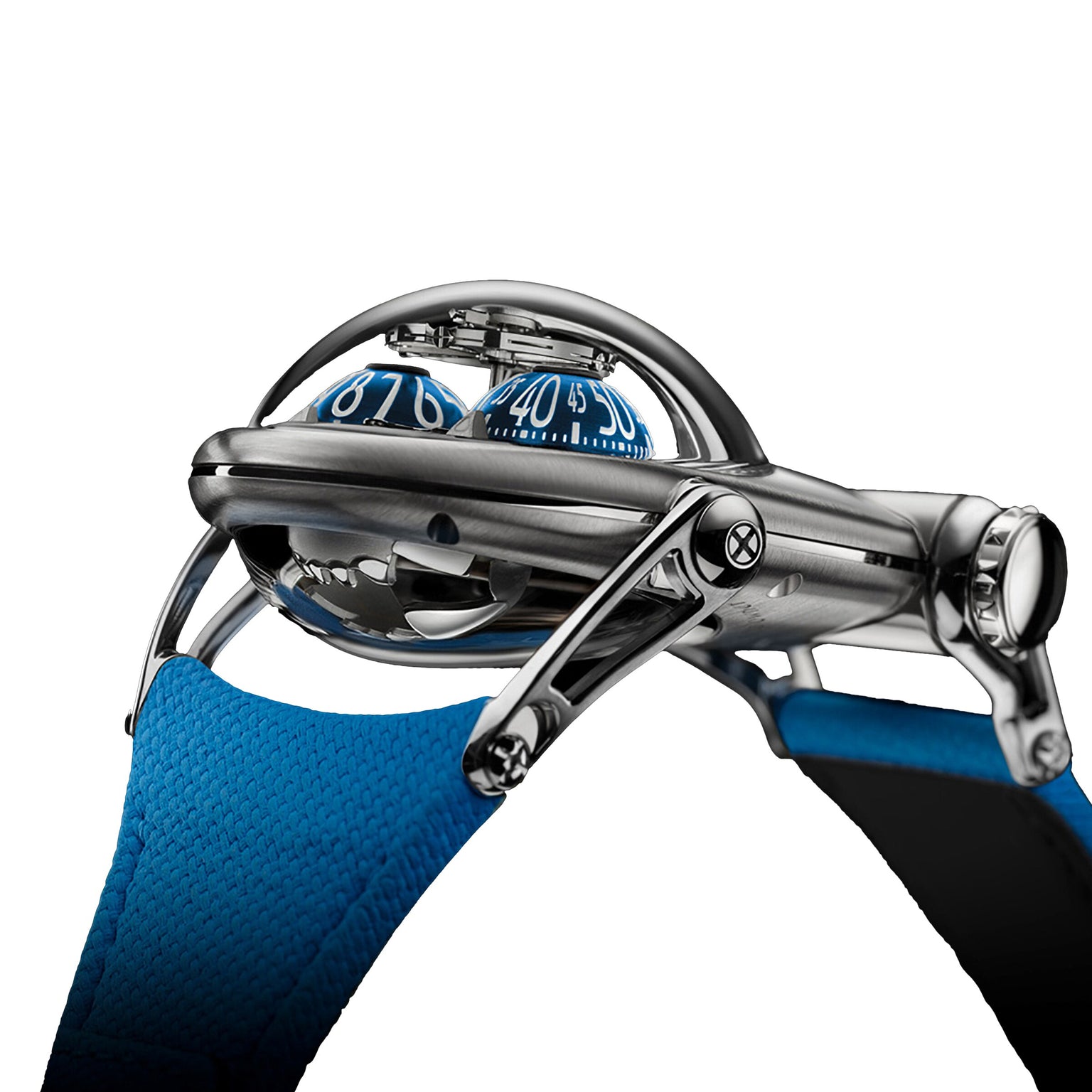 The MB&F Horological Machine N°10 Bulldog is a futuristic silver wristwatch with a domed crystal, blue fabric strap, and bold digital-style numbers.