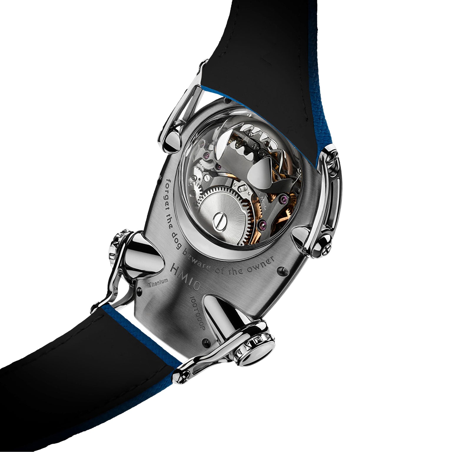 Back view of the MB&F Horological Machine N°10 Bulldog, featuring exposed mechanical gears and engraved text on its metal case.