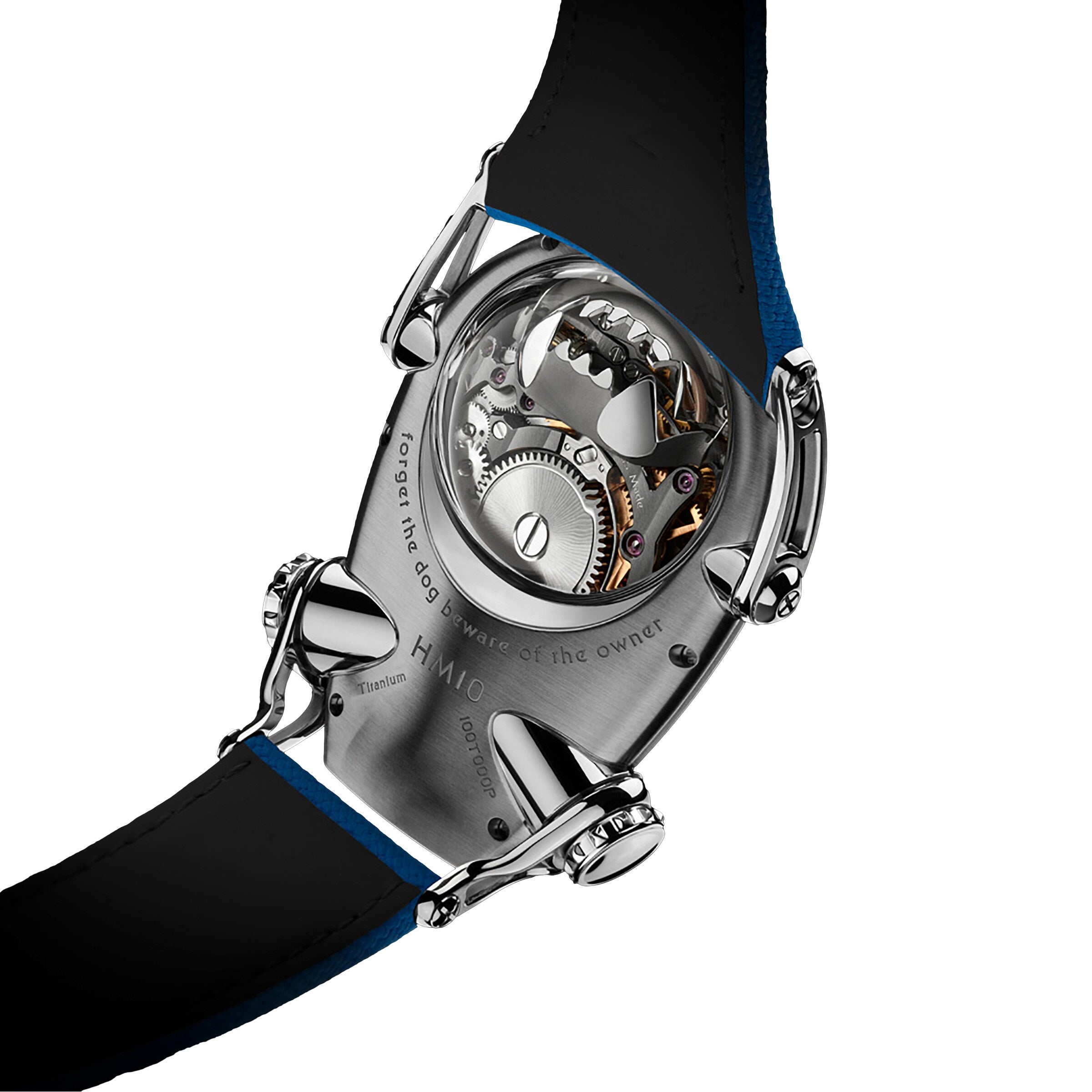 Back view of the MB&F Horological Machine N°10 Bulldog, featuring exposed mechanical gears and engraved text on its metal case.