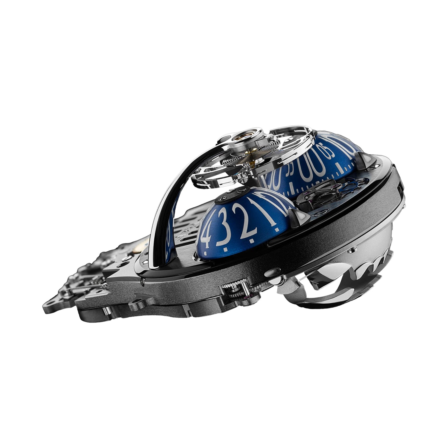 The MB&F Horological Machine N°10 Bulldog features a futuristic mechanism and a blue domed dial with large white numerals.