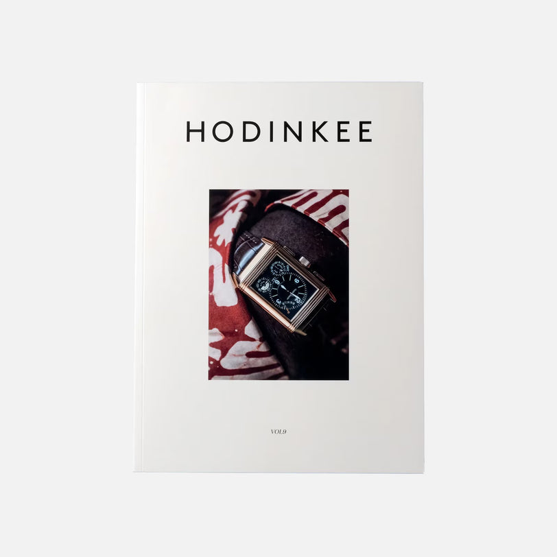 HODINKEE Magazine, Volume 9 by Hodinkee features a wristwatch photo on its white cover, celebrating horology against a red and white patterned background.