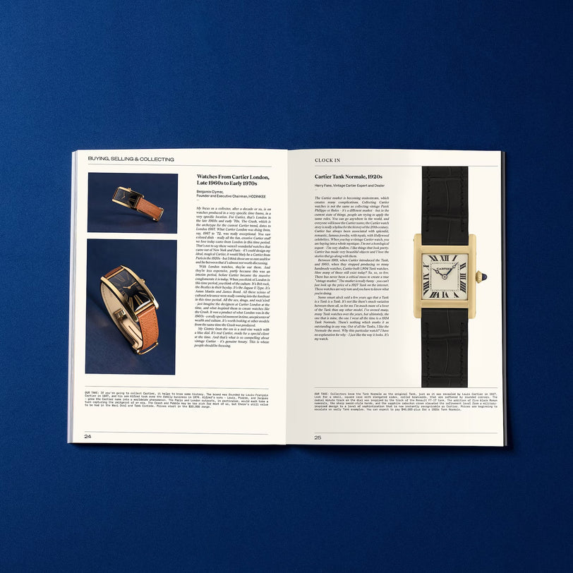 An open HODINKEE Magazine, Volume 9 by Hodinkee sits on a blue surface, featuring articles and photos of luxury watches, such as close-ups of rectangular masterpieces with leather straps.