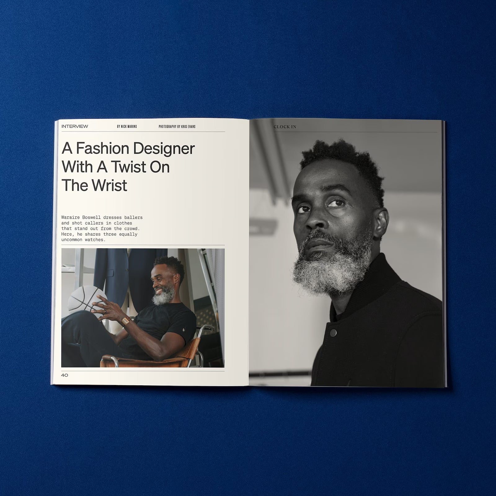 An open HODINKEE Magazine, Volume 9 by Hodinkee, shows an interview with a fashion designer, featuring two photos of a bearded man—one seated with shoes and watches, the other a close-up portrait.