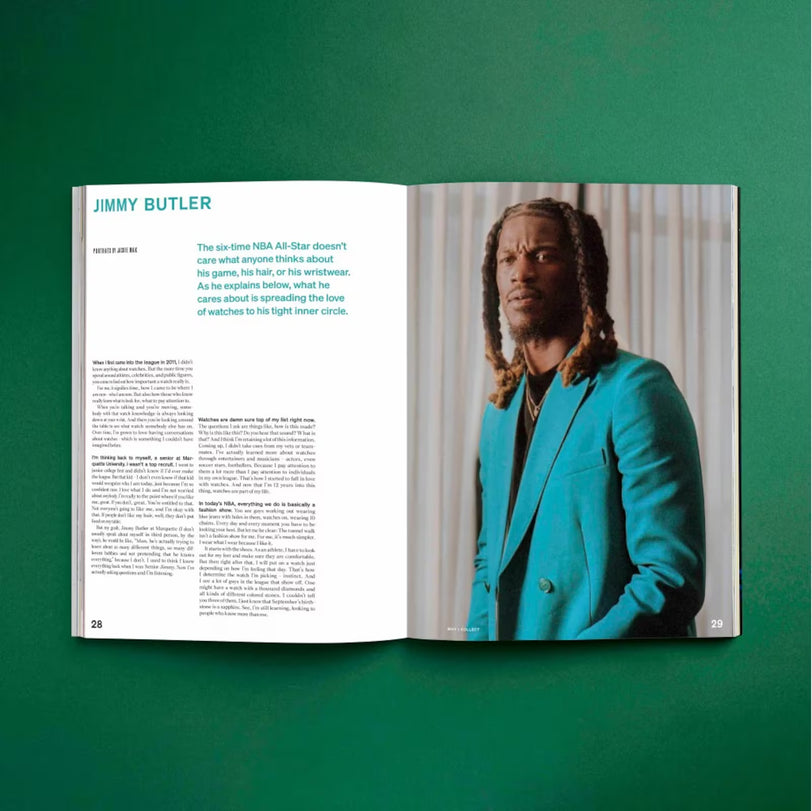 HODINKEE Magazine, Volume 11 by Hodinkee features an article about Jimmy Butler on the left page and his portrait in a teal suit against a green background on the right.
