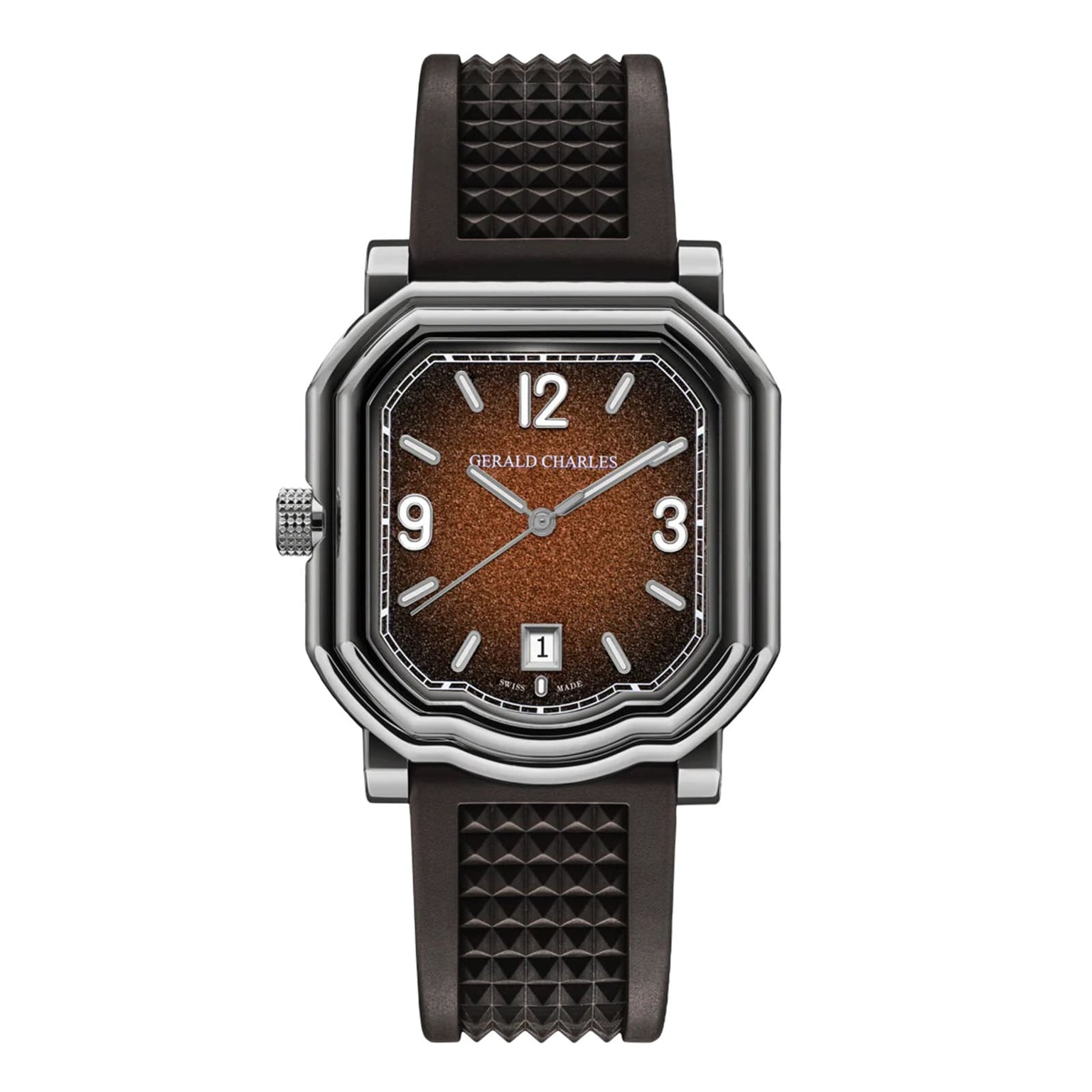 The Gerald Charles Maestro GC Sport features a textured brown dial, silver hands, black strap, and a date display at 6 o’clock.