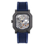 Gerald Charles Maestro 8.0 GC Sport Squelette: a square skeleton watch with blue strap, visible gears, and black case, shown on a white background.