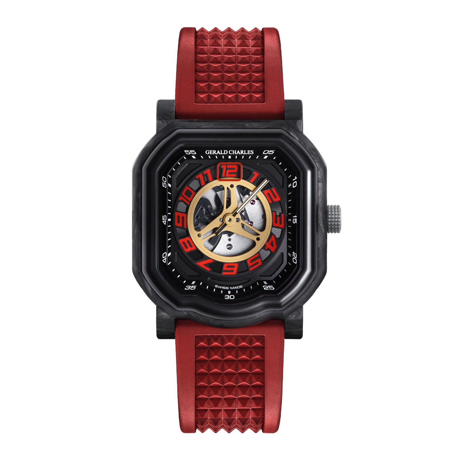 The Gerald Charles Maestro 4.0 Ducati 30° Anniversario 916 luxury watch features a red textured strap, black case, and exposed gears on the dial.