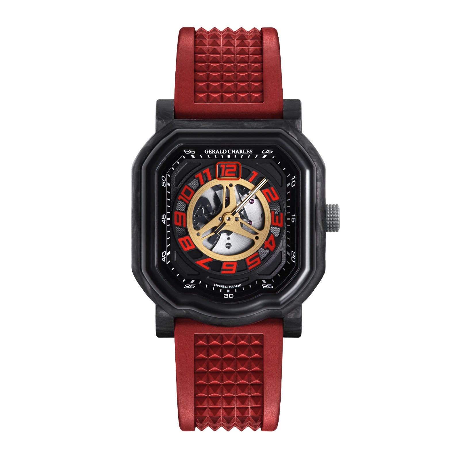 The Gerald Charles Maestro 4.0 Ducati 30° Anniversario 916 luxury watch features a red textured strap, black case, and exposed gears on the dial.