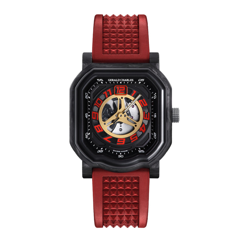 The Gerald Charles Maestro 4.0 Ducati 30° Anniversario 916 luxury watch features a red textured strap, black case, and exposed gears on the dial.