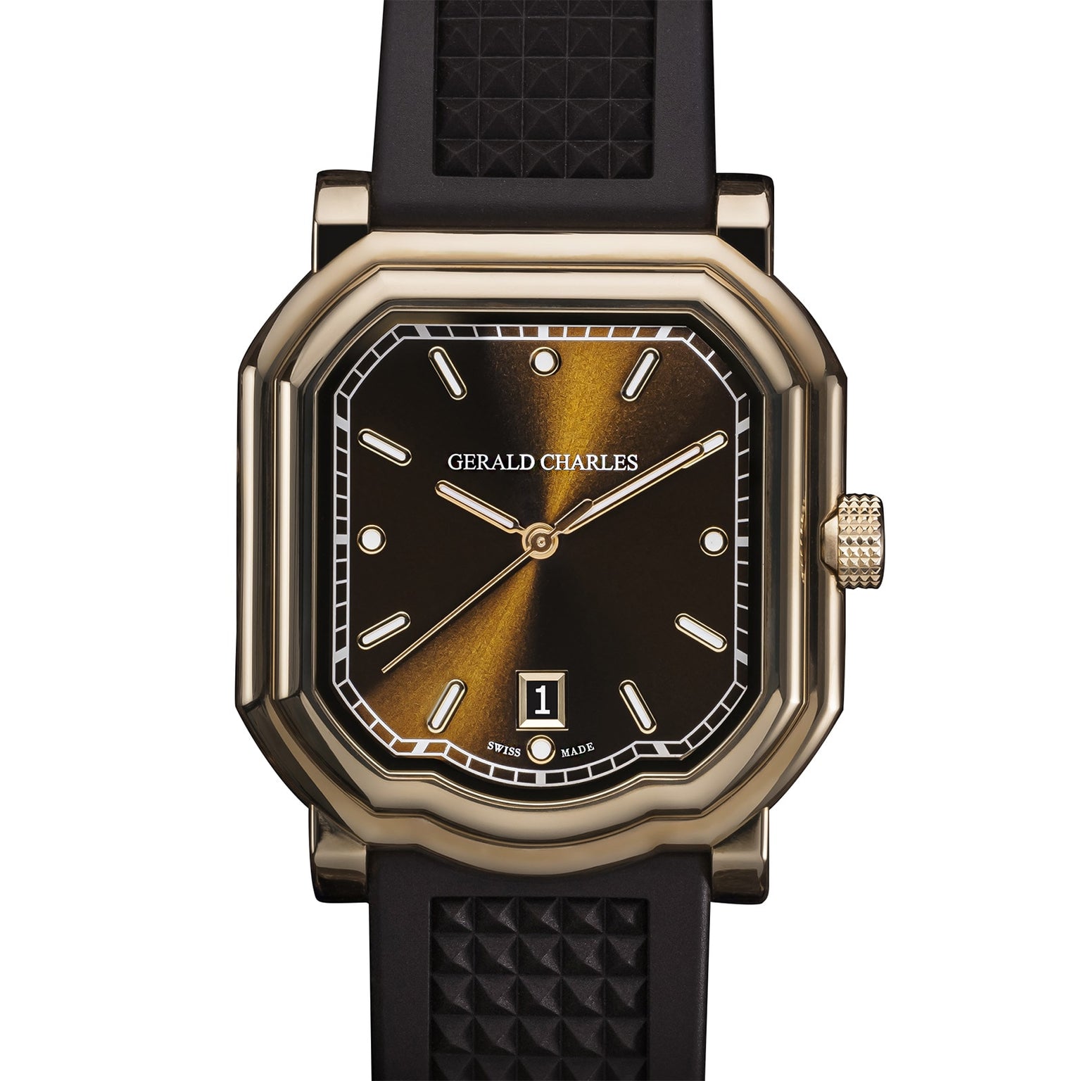The Gerald Charles Maestro 2.0 Ultra-Thin is a luxury wristwatch featuring a black and gold dial, date display, and a black textured strap.
