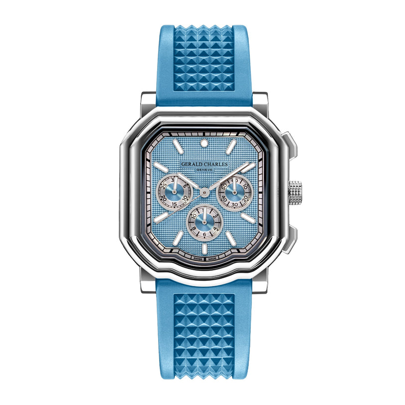 The Gerald Charles Maestro 3.0 Chronograph Clou de Paris is a luxury blue sports watch featuring a textured strap and three subdials on a patterned rectangular face.