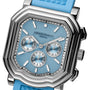 Close-up of the Gerald Charles Maestro 3.0 Chronograph Clou de Paris, a silver watch with a blue face and strap, featuring three subdials.