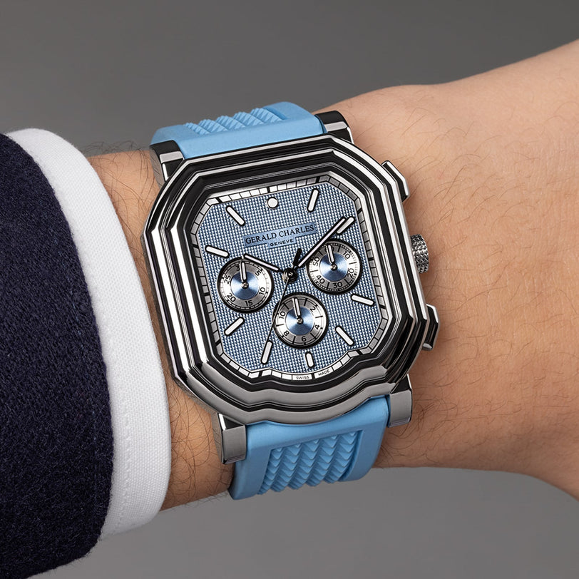 The Gerald Charles Maestro 3.0 Chronograph Clou de Paris is a luxury wristwatch with a blue strap and an octagonal face, designed to be worn on the wrist.