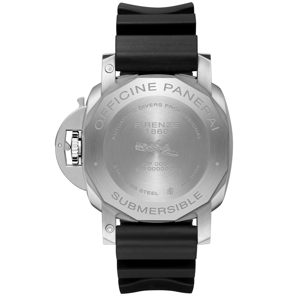 The Panerai Submersible features a brushed stainless steel caseback with engraved text and a diving helmet, a black rubber strap, and the reliable P.900 automatic movement offering a 3-day power reserve.