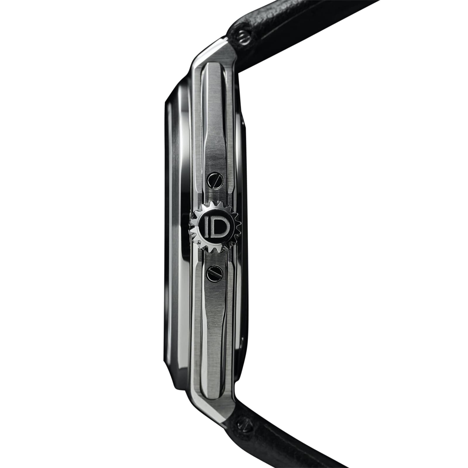 Side view of the Circular 1 - Black by ID Geneve, featuring a silver case, black leather strap, and a crown engraved with ID.