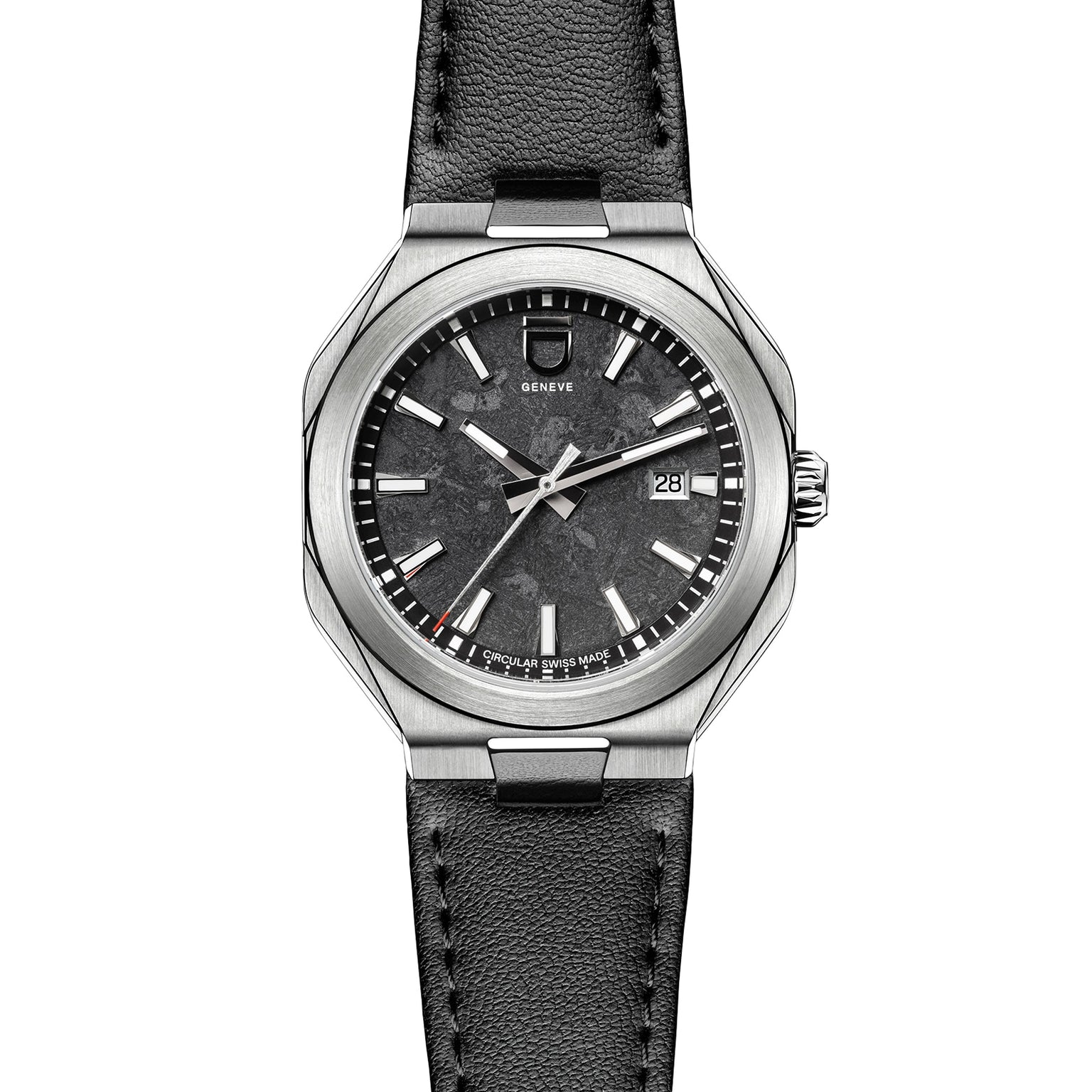 The ID Geneve Circular 1 - Mineral Black is a stainless steel watch featuring a black textured dial, date display, and black leather strap.