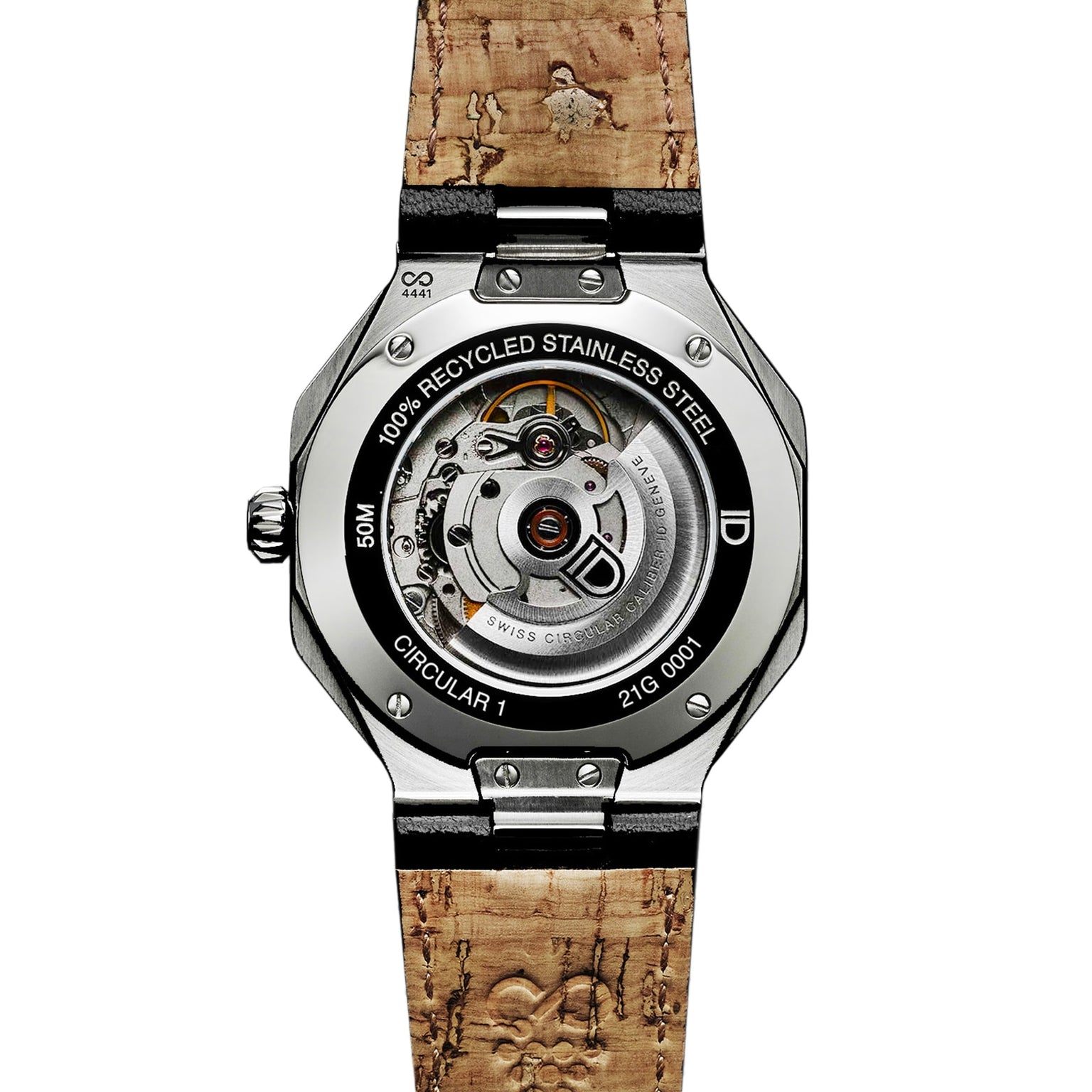 Back view of the ID Geneve Circular 1 - Mineral Black watch with a cork strap, exposed gears, and 100% Recycled Stainless Steel engraved.