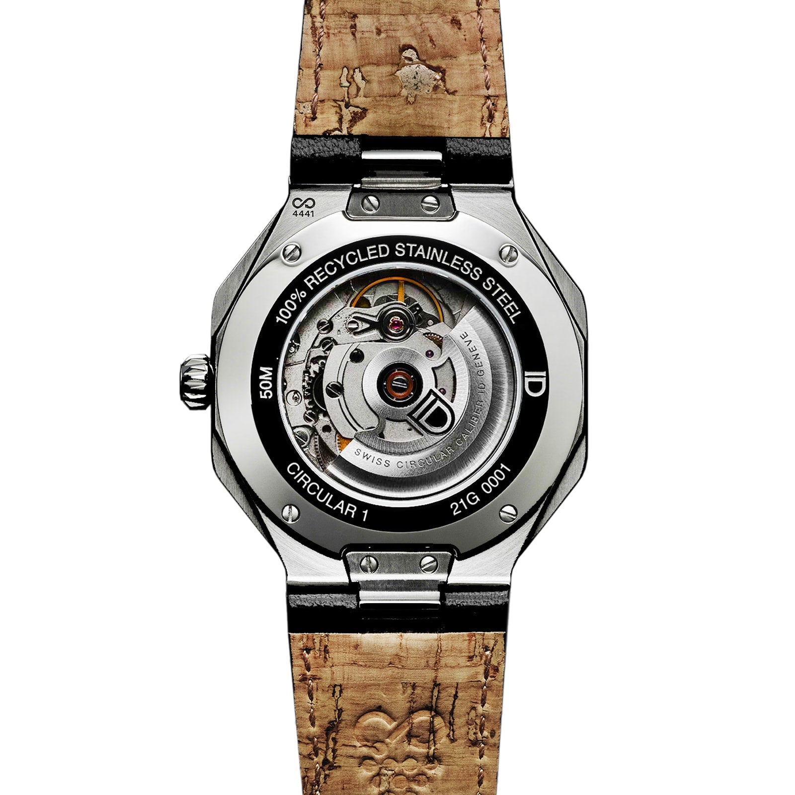 Back view of the ID Geneve Circular 1 - Mineral Black watch with a cork strap, exposed gears, and 100% Recycled Stainless Steel engraved.