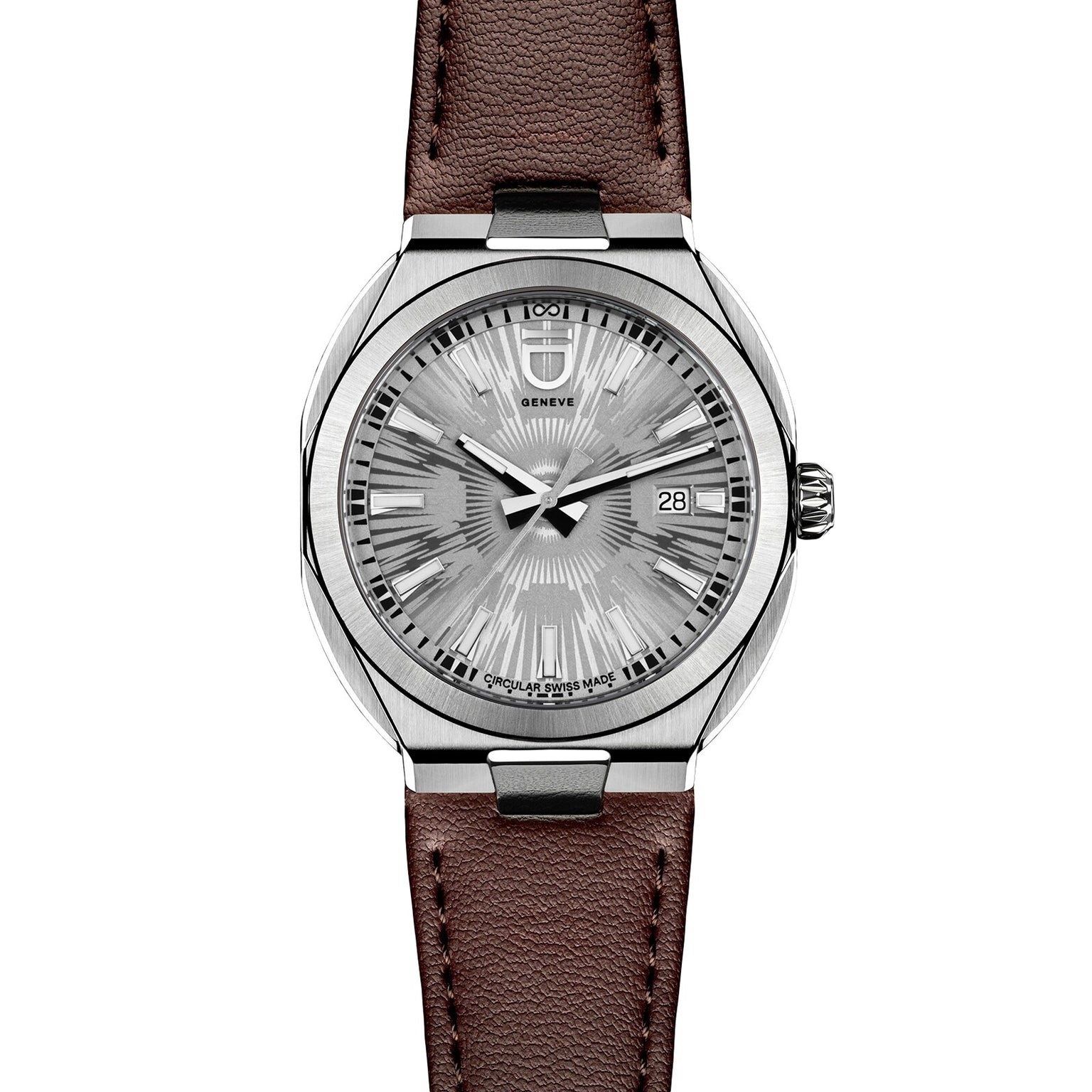 ID Geneve Circular S - Silver Brushed: a silver analog wristwatch with a brown leather strap and a patterned dial that displays the date.