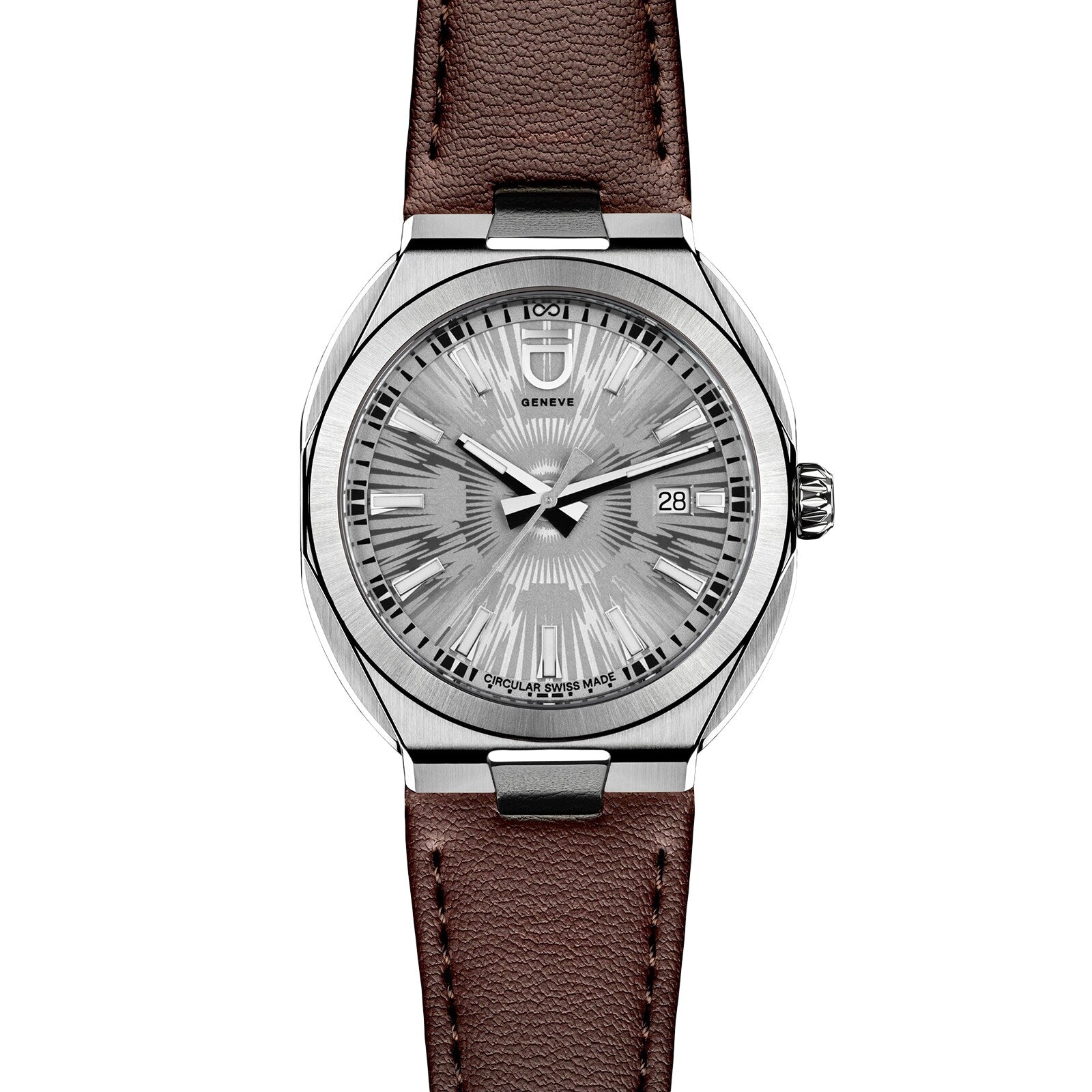 ID Geneve Circular S - Silver Brushed: a silver analog wristwatch with a brown leather strap and a patterned dial that displays the date.