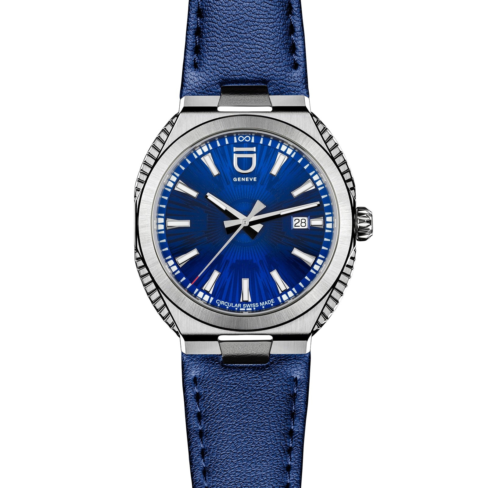 The ID Geneve Circular S - Blue Fluted features a blue textured dial, silver hour markers, date window, and a blue leather strap.