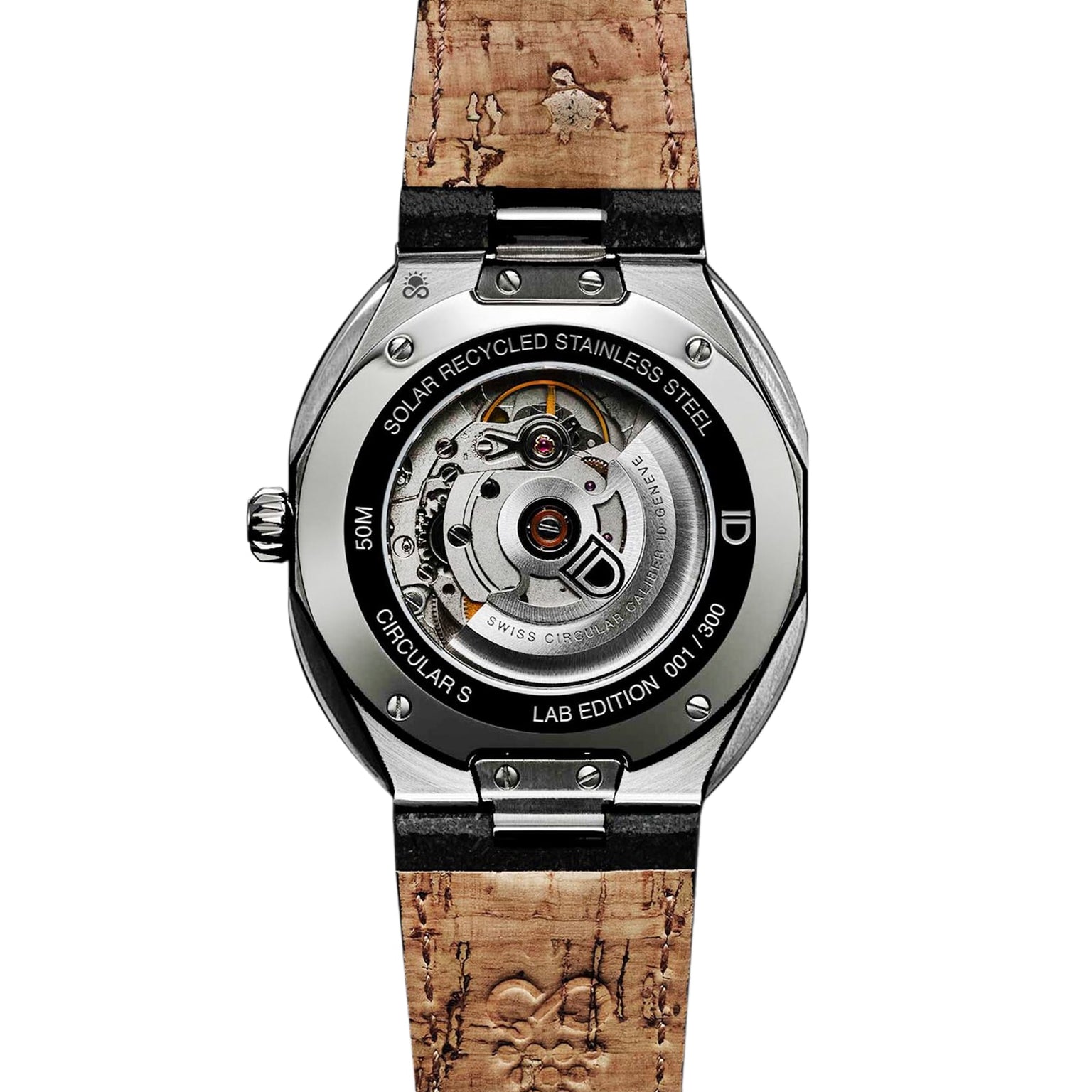 Back view of the ID Geneve Circular S - Blue Fluted wristwatch, showing visible gears, solar recycled stainless steel, and a cork-textured strap.