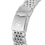 Close-up of the DOXA Sub 200 Caribbeans 316L stainless steel bracelet clasp, featuring the DOXA logo and an engraved fish symbol.