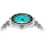 The DOXA Sub 200 Aquamarine is a silver diver’s watch with a turquoise dial, unidirectional rotating bezel, and orange crown detail, displayed at an angle on a 316L stainless steel bracelet.