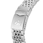 Close-up of the Sub 200 Aquamarine’s 316L stainless steel bracelet clasp, engraved with the DOXA logo and fish symbol, highlighting the robust design of this DOXA diver’s watch.