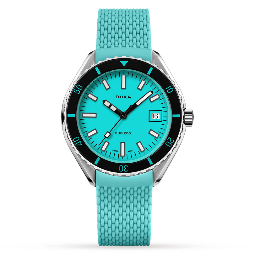 The DOXA Sub 200 Aquamarine diver’s watch features a turquoise dial, matching rubber strap, black bezel, stainless steel case, and date display at 3 o’clock, shown on a white background.