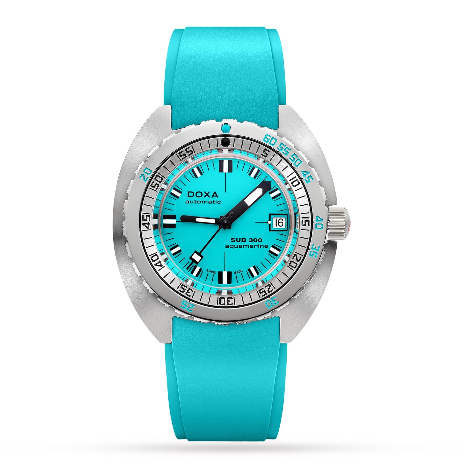 The DOXA Sub 300 Aquamarine is a dive watch featuring a turquoise round dial, date at 3 o’clock, turquoise rubber strap, and a robust 316L stainless steel case.