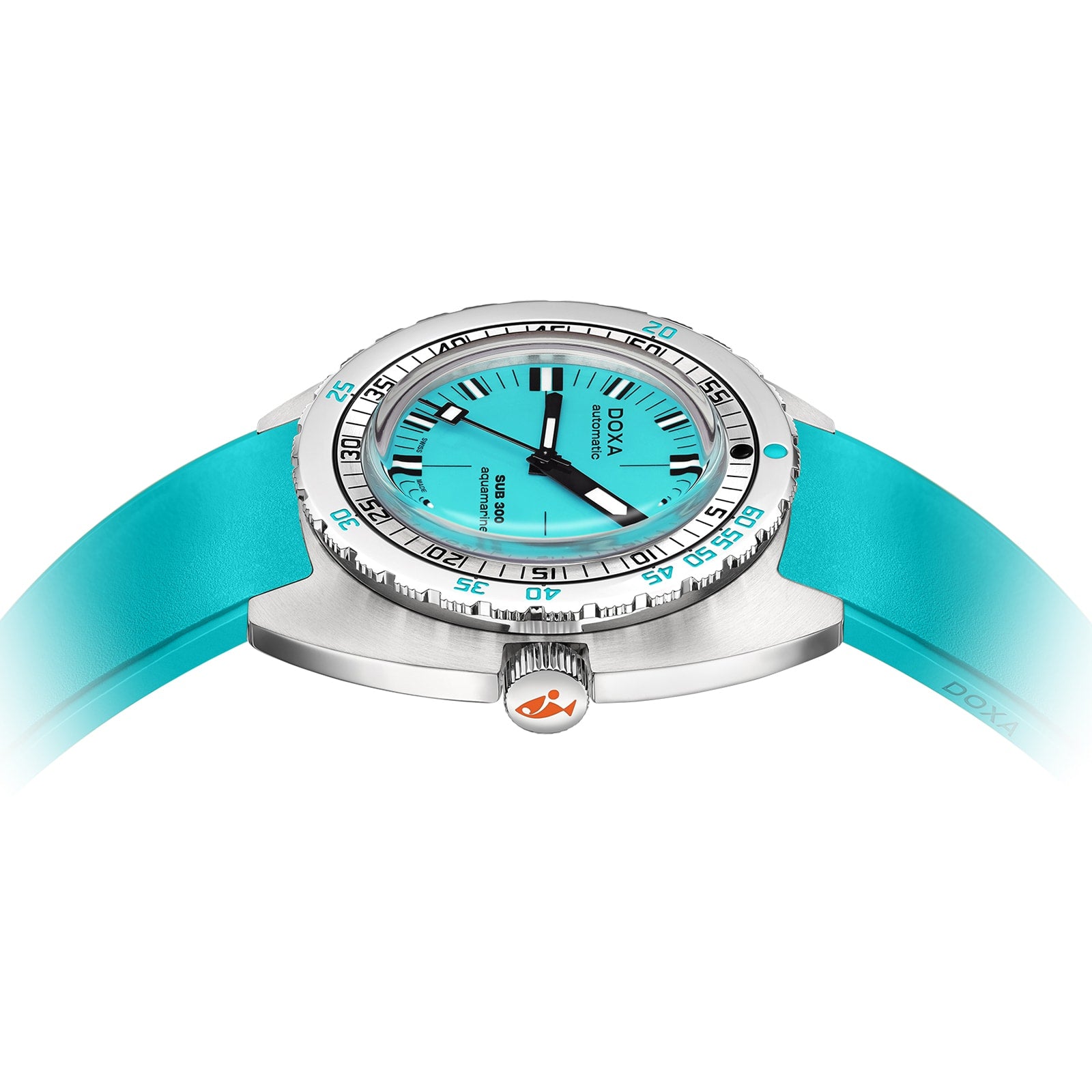 The DOXA Sub 300 Aquamarine divers watch features a turquoise dial with black indices, a matching strap, and a 316L stainless steel bezel, shown from the front at a slight angle.