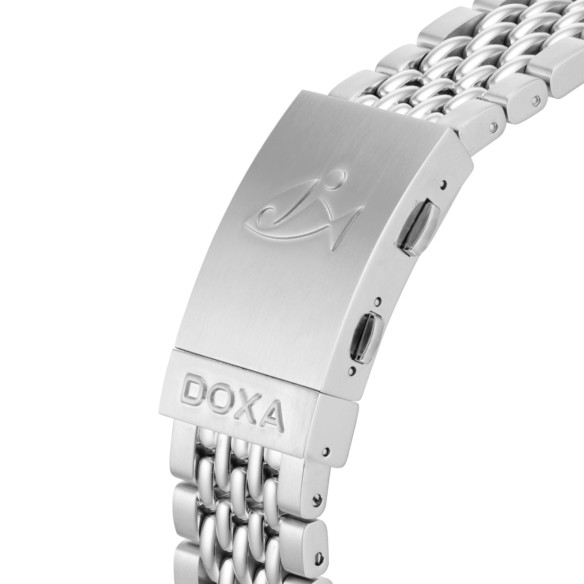 Close-up of a stainless steel clasp on the DOXA Sub 300T Sharkhunter divers watch, featuring the engraved brand name and logo.