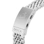 Close-up of a stainless steel clasp on the DOXA Sub 300T Sharkhunter divers watch, featuring the engraved brand name and logo.